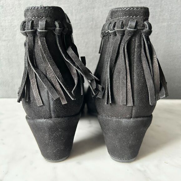 Earthies Zurich Black Suede Leather Booties Fringed Western - Women's Size 9 - Picture 5 of 9